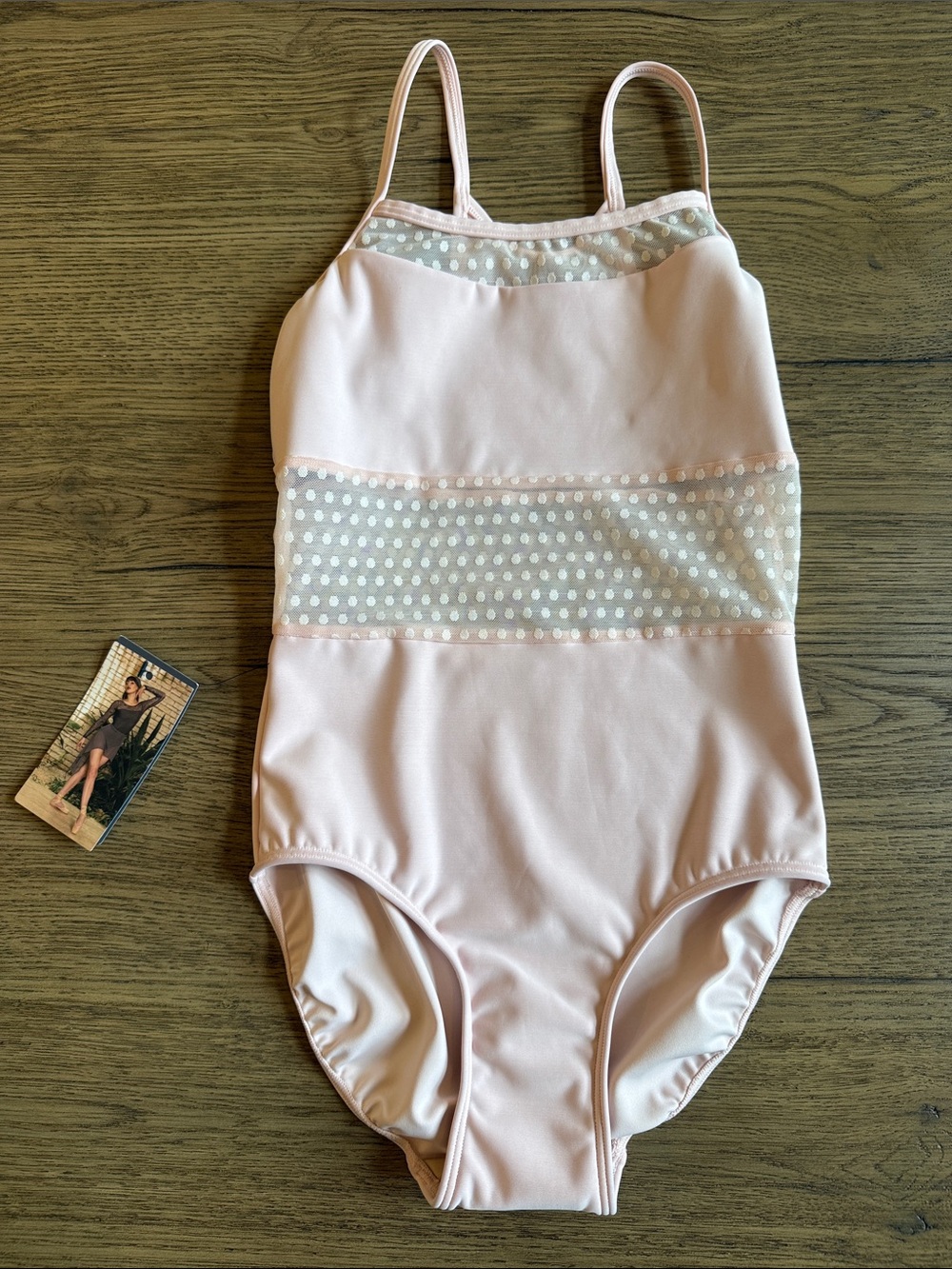 NWT Eleve Dancewear Powder Pink Dot Leotard with Mesh